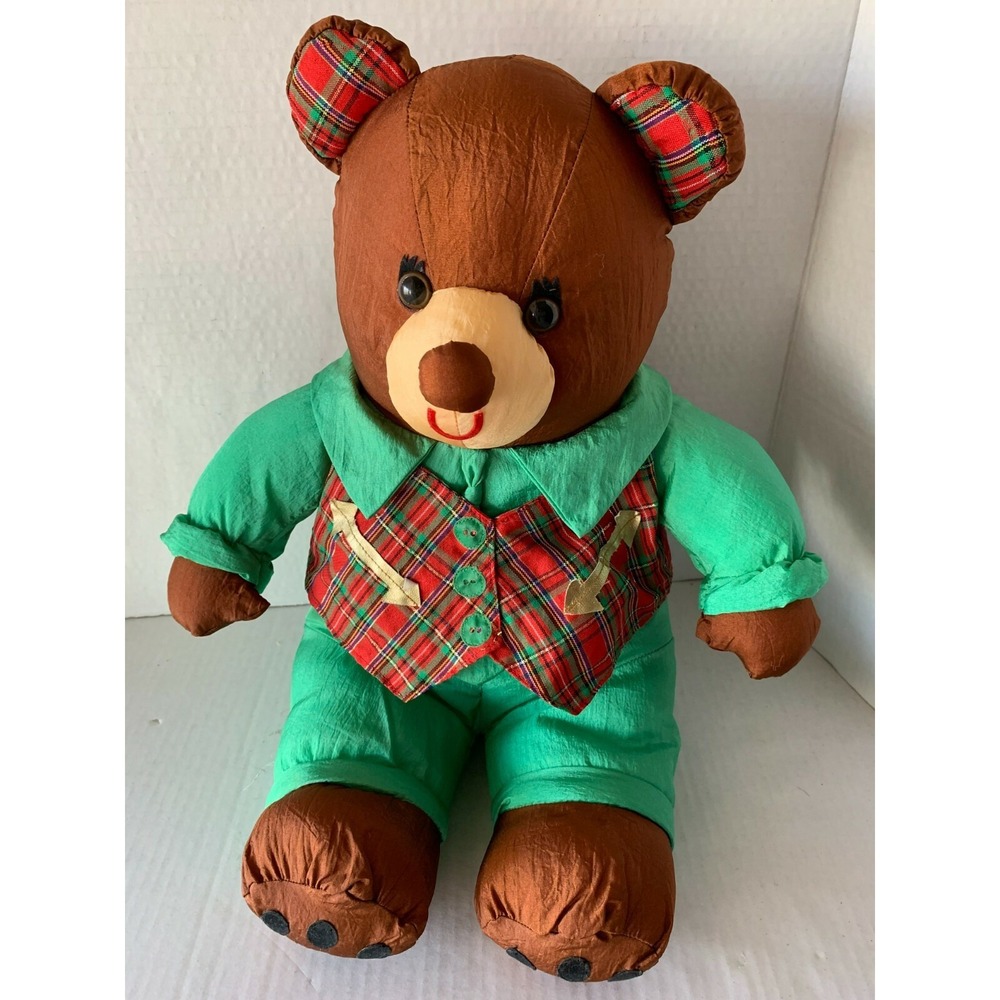Brown Bear Nylon Plush International Silver Puffalump 15" Plaid Vest Ears Green